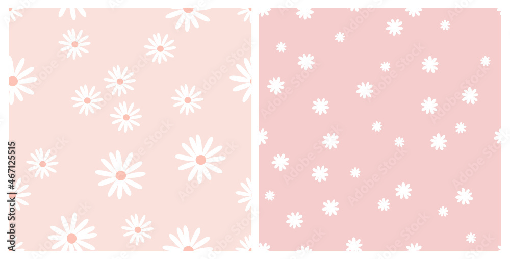 Seamless patterns with daisy flowers on pink backgrounds vector. Stock ...