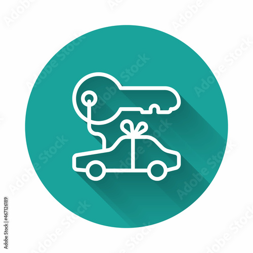 White line Car gift icon isolated with long shadow background. Car key prize. Green circle button. Vector