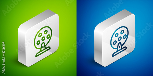 Isometric line Lottery machine with lottery balls inside icon isolated on green and blue background. Lotto bingo game of luck concept. Wheel drum leisure. Silver square button. Vector