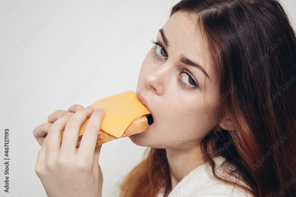 cheerful woman eating sandwich snack fast food cheerful woman eating sandwich snack fast food