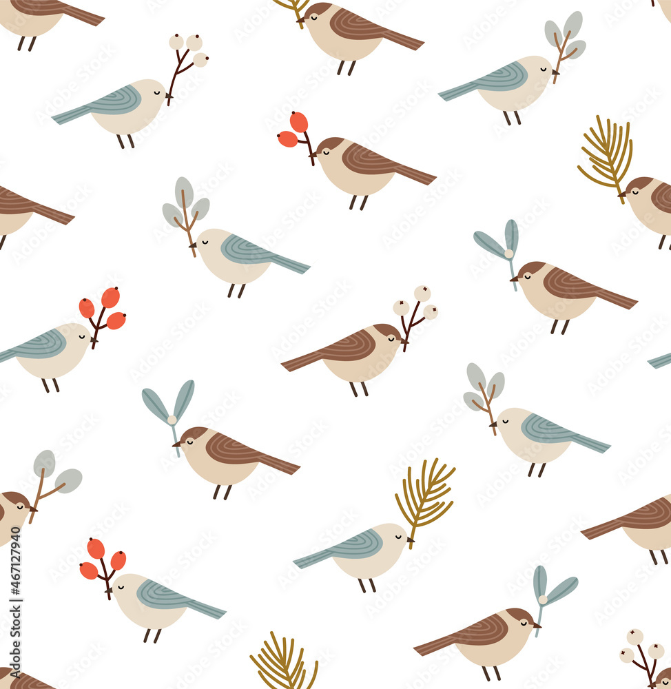 Obraz premium Seamless pattern of tit birds with winter plants. Eucalyptus branch, mistletoe, berries. Concept of the winter season, winter holidays, Christmas. Vector illustration isolated on white.