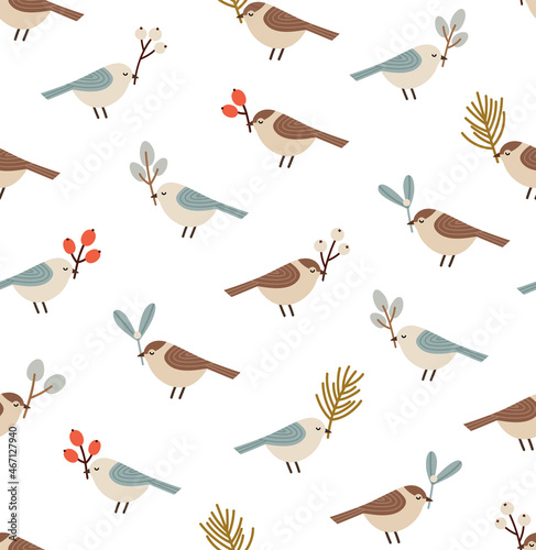 Seamless pattern of tit birds with winter plants. Eucalyptus branch, mistletoe, berries. Concept of the winter season, winter holidays, Christmas. Vector illustration isolated on white.