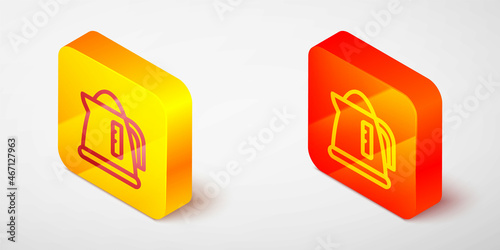 Isometric line Electric kettle icon isolated on grey background. Teapot icon. Yellow and orange square button. Vector