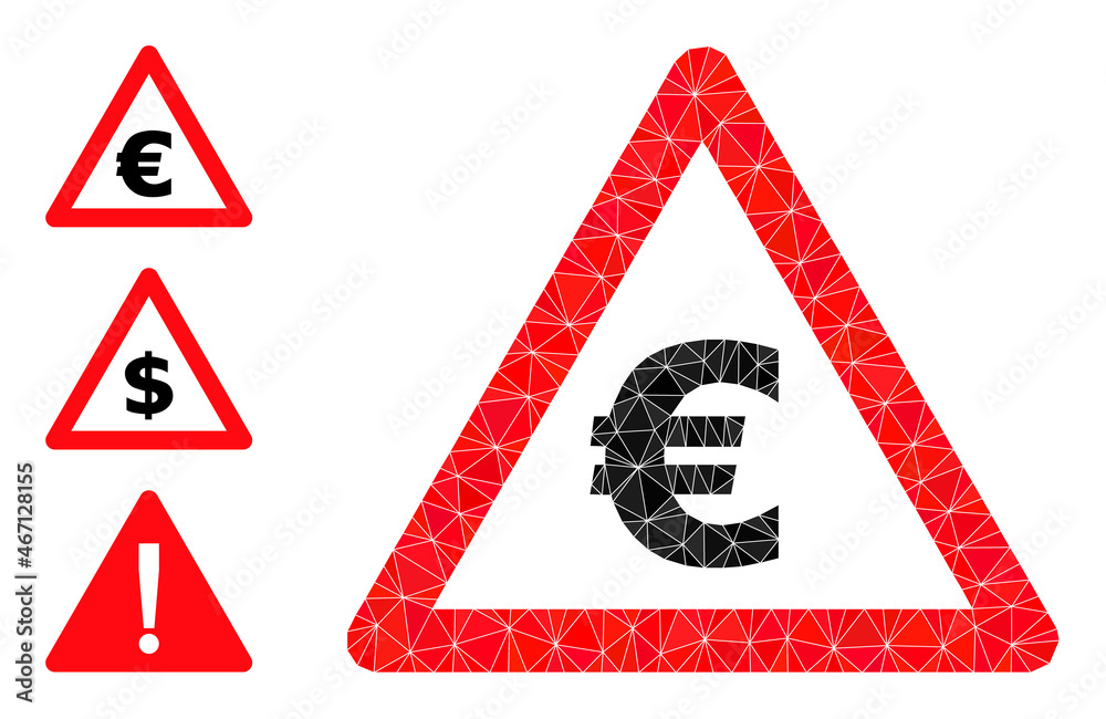 lowpoly Euro warning icon, and other icons. Polygonal Euro warning vector is constructed of randomized triangles. Flat geometric lowpoly abstraction is designed by Euro warning icon. lowpoly Euro warning icon, and other icons. Polygonal Euro warning vector is constructed of randomized triangles. Flat geometric lowpoly abstraction is designed by Euro warning icon.