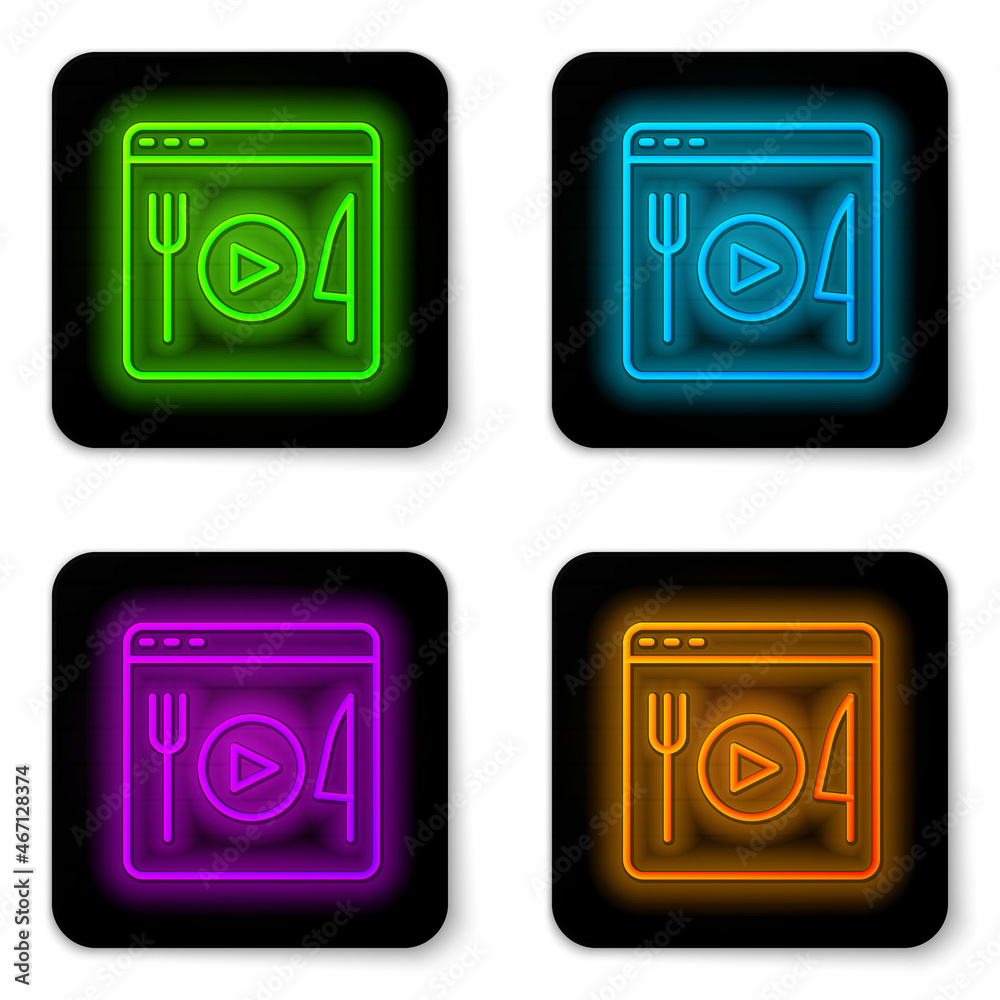 Glowing neon line Cooking live streaming icon isolated on white background. Black square button. Vector