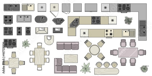 Kitchen and dining room furniture  top view. Set of colored elements for interior design of house, apartment, office. Interior icon, equipment, tables, chairs, sink. Furniture symbol set. Vector