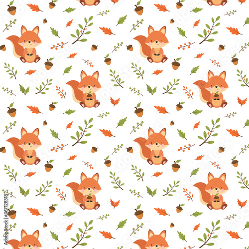 Seamless pattern with cute squirrel, leaves and acorn. Pattern for fabric, packaging, children's clothing, wallpaper, notebooks.