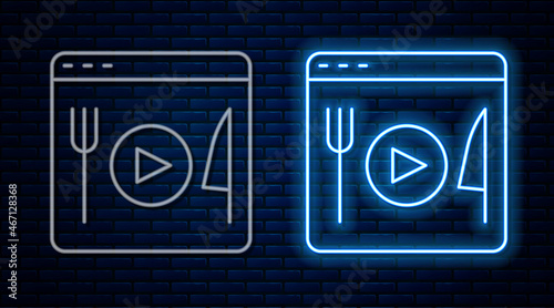 Glowing neon line Cooking live streaming icon isolated on brick wall background. Vector