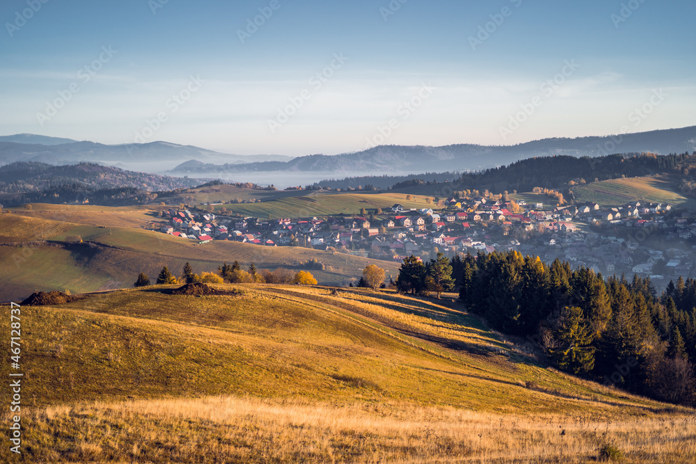 Fototapeta premium Nature in Malatina, near Dolny Kubin, Slovakia sunrise with colorful leaves on trees in forest