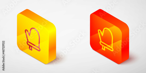 Isometric line Oven glove icon isolated on grey background. Kitchen potholder sign. Cooking glove. Yellow and orange square button. Vector