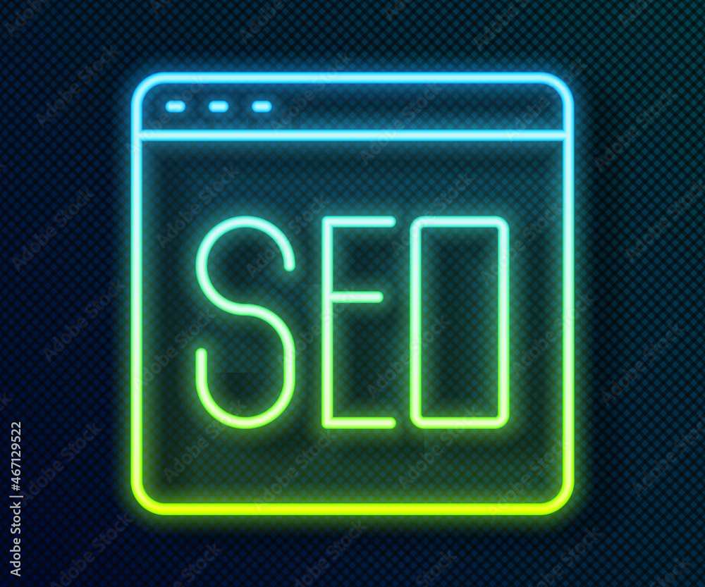 Glowing neon line SEO optimization icon isolated on black background. Vector Glowing neon line SEO optimization icon isolated on black background. Vector