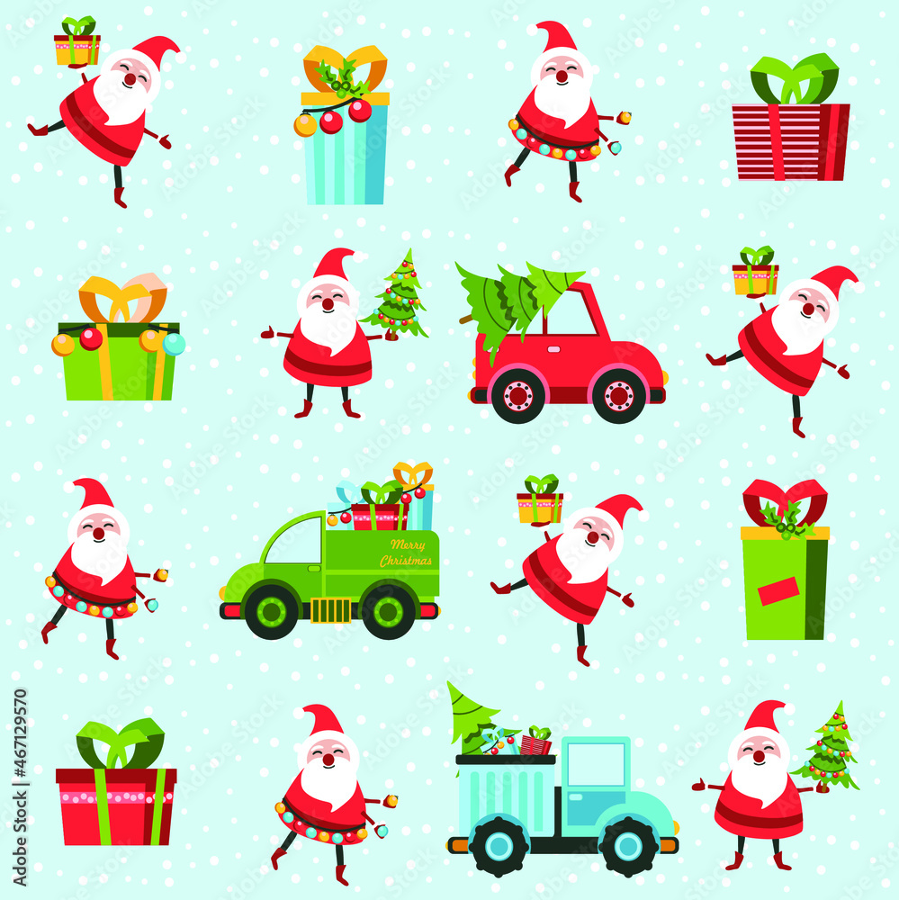 Fototapeta premium Santa toy pattern, Christmas tree and other holiday details. Childish hand-drawn scandinavian style. 