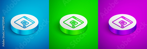 Isometric line New chat messages notification icon isolated on blue, green and purple background. Smartphone chatting sms messages speech bubbles. White circle button. Vector