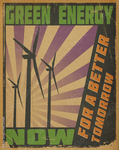 Retro Propaganda Poster mit Text GREEN ENERGY NOW. Windräder vor stilisiertem Sonnenstrahlen Hintergrund