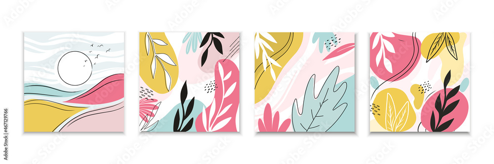 collection of set background template print flowers spots leaves tropical decor delicate