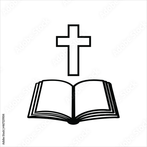 Black Christian cross icon. Flat vector illustration  isolated on white background. Black religion logo.The concept of the book pages and cross.