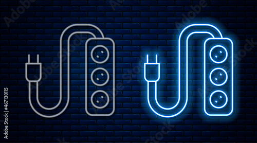 Glowing neon line Electric extension cord icon isolated on brick wall background. Power plug socket. Vector