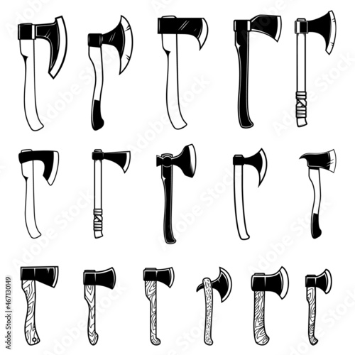 Set of illustrations of lumberjack axe in vintage monochrome style. Design element for logo, label, sign, emblem, poster. Vector illustration
