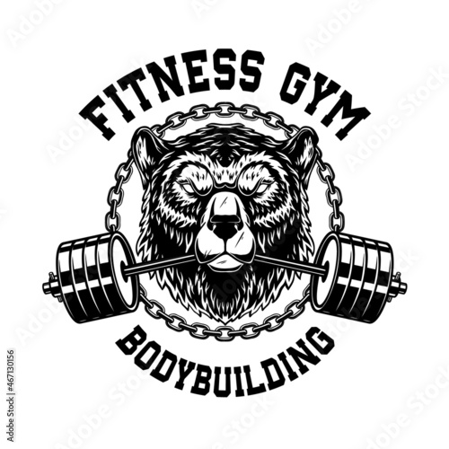 Grizzly bear with gym barbell in mouth. Design element for logo, emblem, sign, poster, t shirt. Vector illustration
