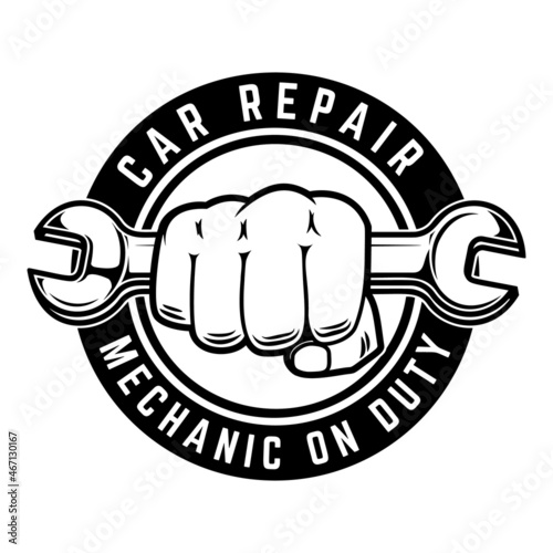 Car repair. Fist with wrench. Design element for logo, emblem, sign, poster, t shirt. Vector illustration