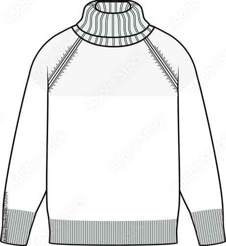 Sweater vector flat sketch, knitting, men's cardigan Technical drawing APPAREL template, knitted garments