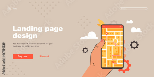 Hand of cartoon person holding cell phone with map application. Online map of city with location pin on smartphone screen, route, mobile app flat vector illustration. Technology, navigation concept