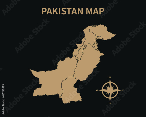 Detailed Old Vintage Map of Pakistan with compass and Region Border isolated on Dark background, Vector Illustration EPS 10