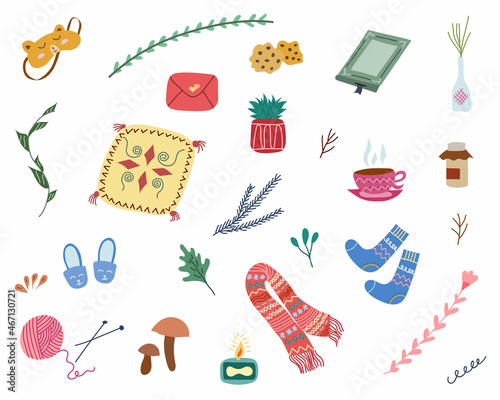 Set of color hygge elements. Cozy doodle objects. Hand drawn things. Vector design illustration