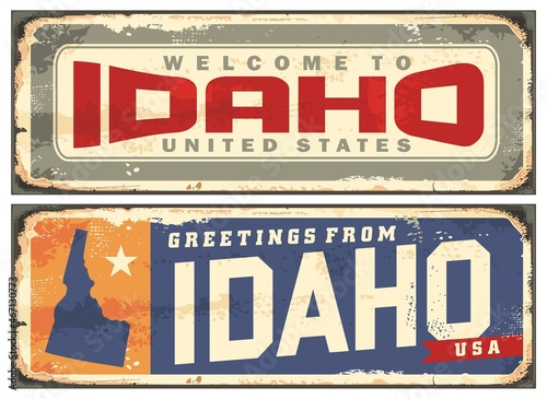 Greetings from Idaho retro sticker souvenir set. Idaho USA vintage tin signs with rusty scratched texture. Travel and vacation vector road signs graphics.