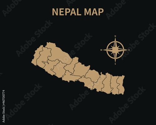 Detailed Old Vintage Map of Nepal with compass and Region Border isolated on Dark background, Vector Illustration EPS 10