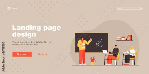 Male teacher and happy students studying in classroom. College lesson flat vector illustration. Young tutor explaining to boys and girls new topic in mathematics. Teamwork, study, class concept