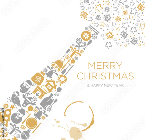 Happy New Year and Merry Christmas greeting card poster design with flat champagne bottle with christmas icon and place for your text message.