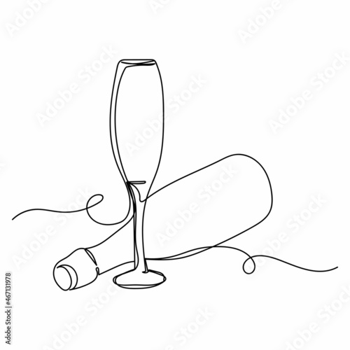 Vector continuous one single line drawing icon of bottle of champagne with glasses christmas style in silhouette on a white background. Linear stylized.