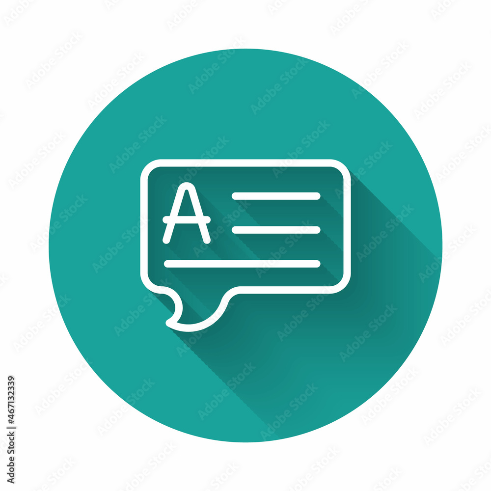 White line Speech bubbles with Answer icon isolated with long shadow background. FAQ sign. Chat speech bubble and chart. Green circle button. Vector White line Speech bubbles with Answer icon isolated with long shadow background. FAQ sign. Chat speech bubble and chart. Green circle button. Vector
