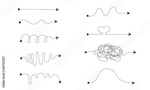 Plan concept with smooth route and rough route. Expectation and reality. Directional arrows.  Straight, cyclical, wavy and tangled lines.Problems and surprises. Stock vector illustration.