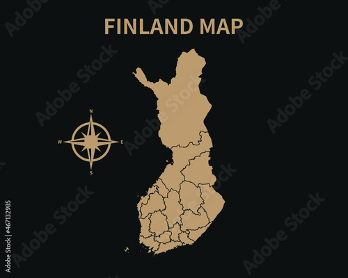 Detailed Old Vintage Map of Finland with compass and Region Border isolated on Dark background, Vector Illustration EPS 10