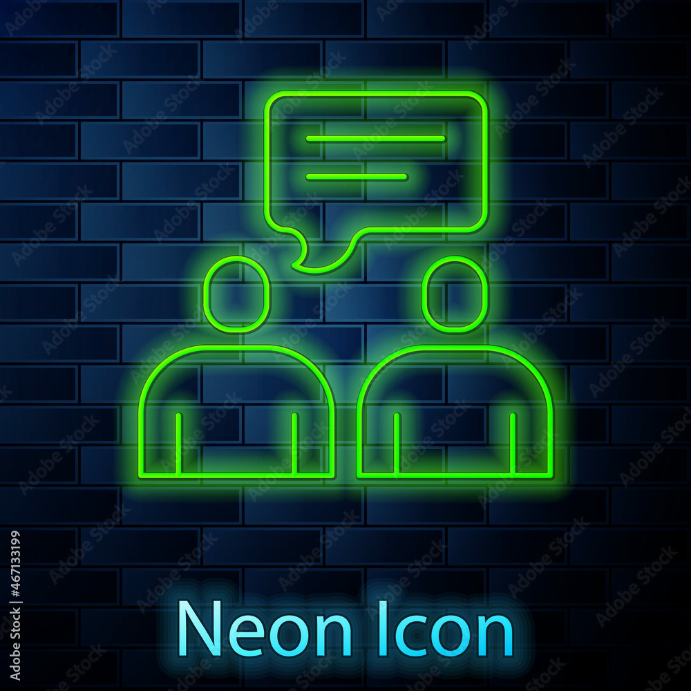 Glowing neon line Two sitting men talking icon isolated on brick wall background. Speech bubble chat. Message icon. Communication or comment chat symbol. Vector Glowing neon line Two sitting men talking icon isolated on brick wall background. Speech bubble chat. Message icon. Communication or comment chat symbol. Vector