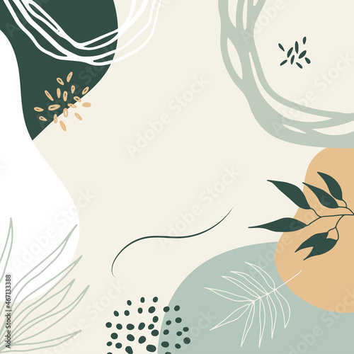 Trendy abstract minimalist organic background with flowing liquid shapes, floral, brush, leaves, hand drawn textures and blob. Tan, nude, champagne, beige, pastel, pink, brown, earth tone color style.