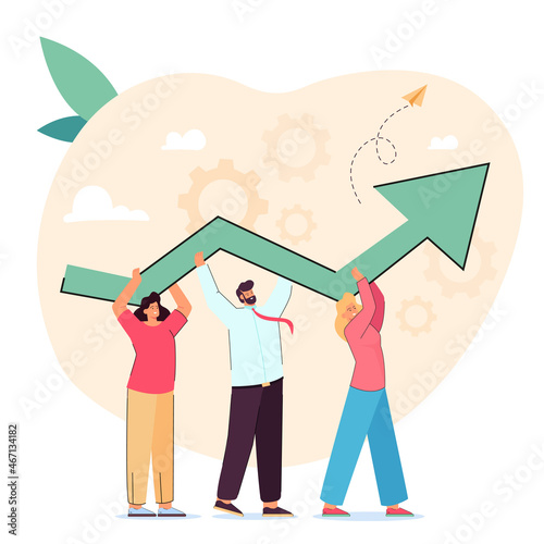 Team of tiny business people holding growing arrow together. Teamwork of professional employees on career growth, company development flat vector illustration. Progress in work, success, job concept