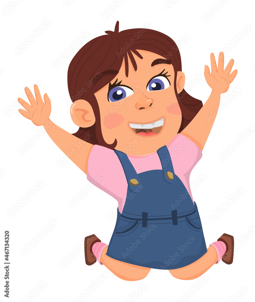 Jumping girl. Happy laughing kid. Fun cartoon character Jumping girl. Happy laughing kid. Fun cartoon character