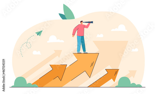 Businessman with spyglass standing on arrow growing up. Tiny man in search of direction of future work, way to better changes flat vector illustration. Success, career, business vision concept