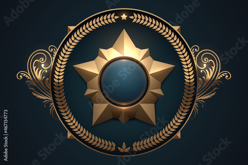 Gold star badge template on blue background
