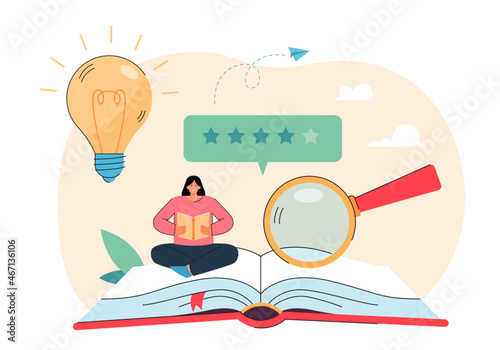 Tiny female customer reading book with good feedback. Research and analysis of book service from girl flat vector illustration. Quality rating of literature, satisfaction, consumer review concept