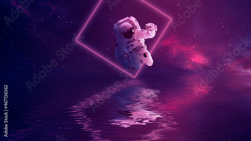 Futuristic space sci-fi abstract background with flying astronaut. Neon abstract space background with nebula and stars. Elements of this image furnished by NASA. 3D illustration.