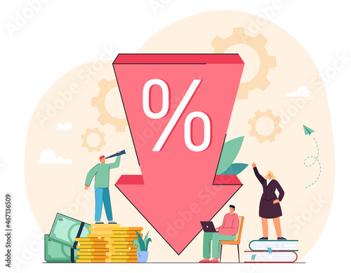 Tiny people and arrow of loan interest rate or price going down. Male and female characters looking for sales and discounts flat vector illustration. Profit, special offer, reduction in cost concept