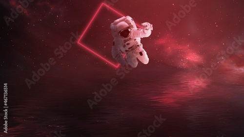 Fototapeta Naklejka Na Ścianę i Meble -  Futuristic space sci-fi abstract background with flying astronaut. Neon abstract space background with nebula and stars. Elements of this image furnished by NASA. 3D illustration.