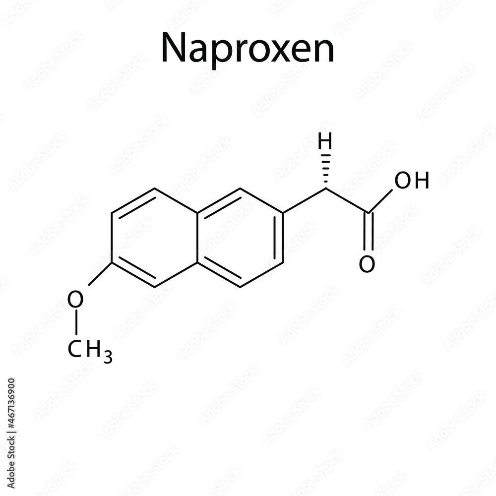 Naproxen molecular structure, flat skeletal chemical formula. NSAID drug used to treat osteoarthritis, ankylosing spondylitis, polyarticular juvenile idiopathic arthritis, tendinitis, bursitis, pain 