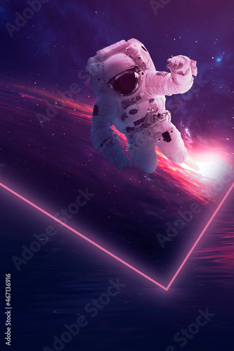 Futuristic space sci-fi abstract background with flying astronaut. Neon abstract space background with nebula and stars. Elements of this image furnished by NASA. 3D illustration.