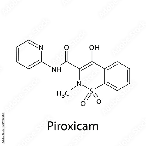 Piroxicam molecular structure, flat skeletal chemical formula. NSAID drug used to treat osteoarthritis, rheumatoid arthritis, ankylosing spondylitis, pain. Vector illustration.