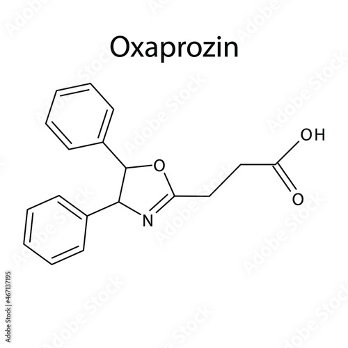 Oxaprozin molecular structure, flat skeletal chemical formula. NSAID drug used to treat osteoarthritis, rheumatoid arthritis, arthritis. Vector illustration.